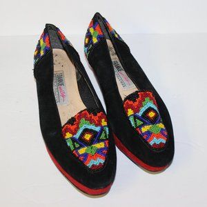Vintage "Beverly Feldman Frankie And Baby" Suede Multicolor Beaded Flats Sz 8AA